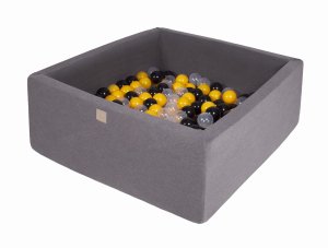 MeowBaby Kwadratowy Suchy Basen z Piłeczkami 7cm dla Dziecka, 90x90x40cm/200 piłek, Bawełniany, Ciemnoszary: Żółte/Czarne/Transparentne