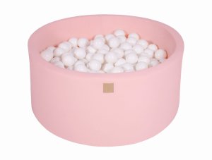 MeowBaby Okrągły Suchy Basen z Piłeczkami 7cm dla Dziecka, 90x40cm/300 piłek, Bawełniany, Jasnoróżowy: Białe
