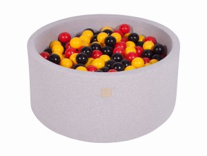 MeowBaby Okrągły Suchy Basen z Piłeczkami 7cm dla Dziecka, 90x40cm/300 piłek, Bawełniany, Jasnoszary: Żółte/Czerwone/Czarne