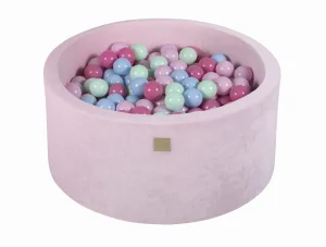 MeowBaby Okrągły Suchy Basen z Piłeczkami 7cm dla Dziecka, 90x40cm/300 piłek, Welurowy, Jasnoróżowy: Miętowe/Błękitne/Jasnoróżowy/Pasteloworóżowe