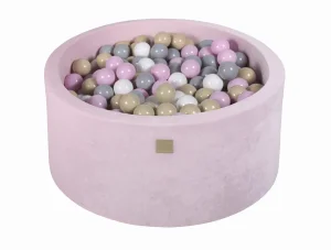 MeowBaby Okrągły Suchy Basen z Piłeczkami 7cm dla Dziecka, 90x40cm/300 piłek, Welurowy, Jasnoróżowy: Pasteloworóżowe/Szare/Białe/Beżowe