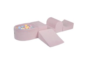 MeowBaby Piankowy Zestaw do Zabawy z Suchym Basenem 57x45x30cm/100 piłek 7cm, Plac Zabaw dla Dziecka, 5 elementów, Welurowy, Jasnoróżowy: Błękitne/Bi
