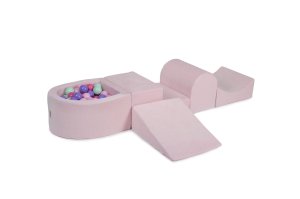 MeowBaby Piankowy Zestaw do Zabawy z Suchym Basenem 57x45x30cm/100 piłek 7cm, Plac Zabaw dla Dziecka, 5 elementów, Welurowy, Jasnoróżowy: Pastelororó