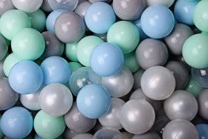 MeowBaby Zestaw Plastikowych Piłeczek do Suchego Basenu 7cm, 100 szt: Miętowe/Błękitne/Szare/Perłowobiałe/Transparentne