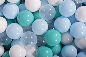 MeowBaby Zestaw Plastikowych Piłeczek do Suchego Basenu 7cm, 300 szt: Błękitne/Turkusowe/Transparentne/Białe