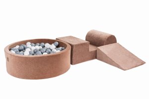 MeowBaby Piankowy Zestaw do Zabawy z Suchym Basenem 90x30cm/200 Piłek 7cm, Plac Zabaw dla Dziecka, 4 elementy, Welurowy, Beżowy: Szare/Białe