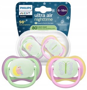 Philips Avent Smoczek Ultra Air Night 6-18M Oddychający + Etui 2Szt Scf376/29