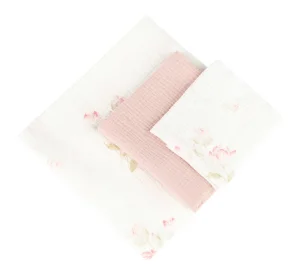 TRIO PIELUCH MUŚLIN KRESZOWANY 120X120, 70X60, 30X35 3 SZT FLOWERS PINK